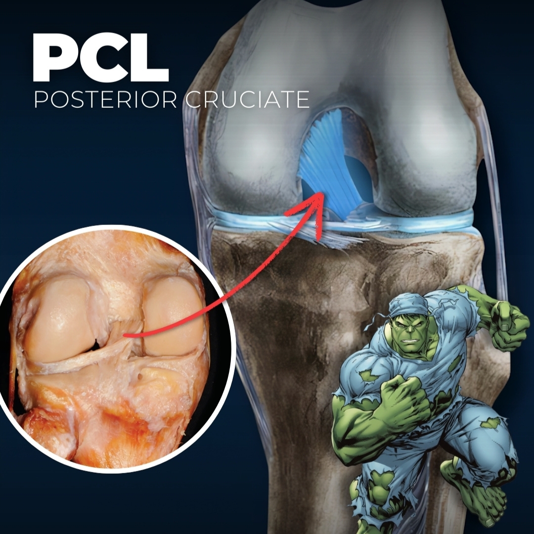 PCL posterior cruciate ligament anatomy illustration with Hulk superhero character showing detailed 3D knee joint model with blue highlighted PCL and circular inset of real anatomical view - educational medical diagram demonstrating PCL strength and structure for orthopedic learning