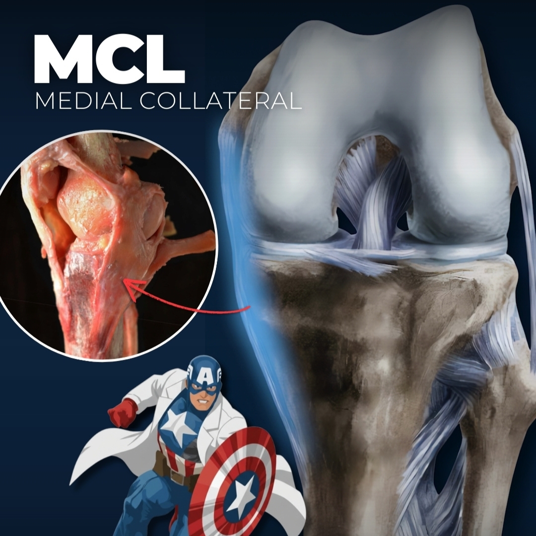 MCL medial collateral ligament anatomy illustration with Captain America superhero character showing detailed 3D knee joint model with blue highlighted MCL and circular inset of real anatomical specimen - educational medical diagram demonstrating MCL shield-like protection for orthopedic learning