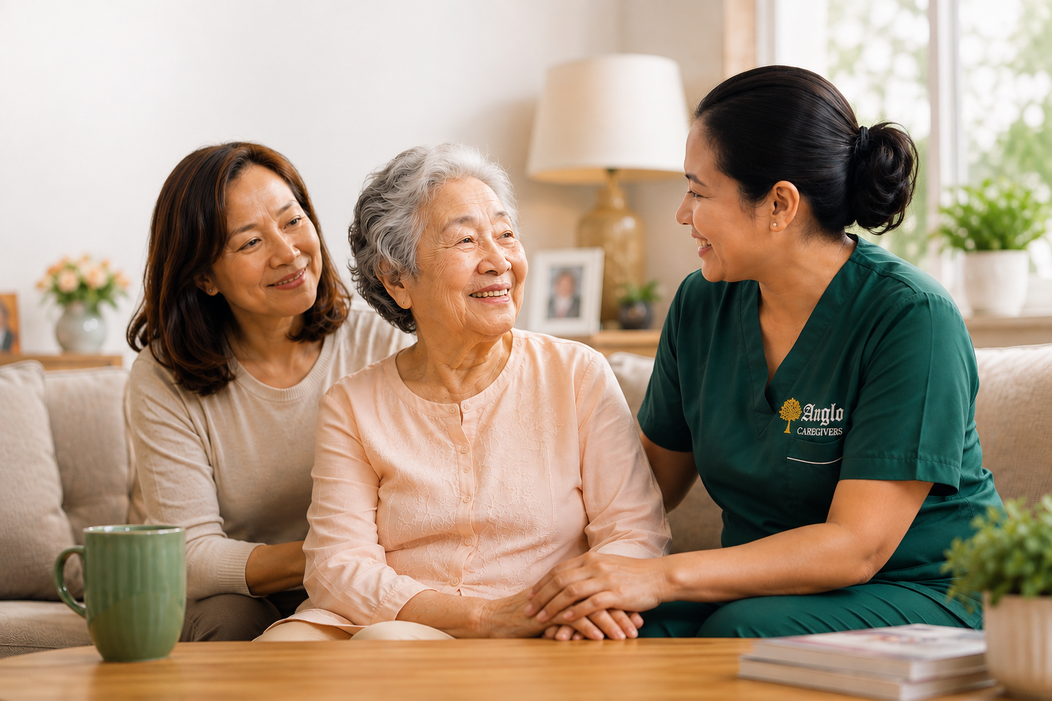 A live in caregiver from Anglo Caregivers converses with an elderly lady and her daughter in Mandarin.