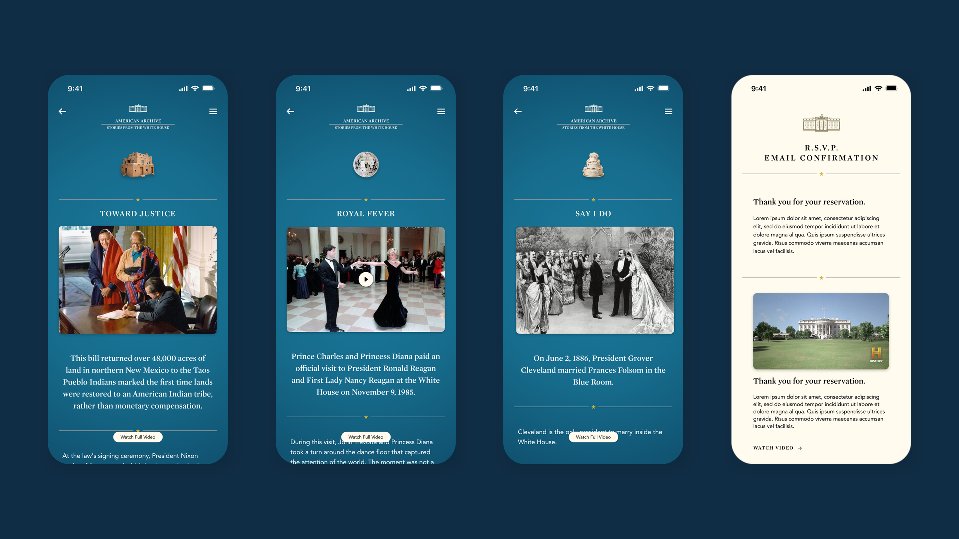American Archive — three story vignettes and the RSVP email confirmation