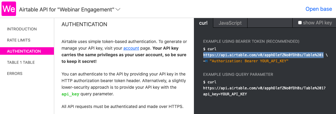 airtable api documentation URL