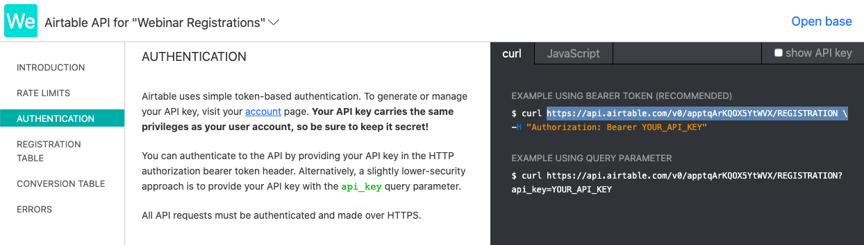 airtable authentication API docs