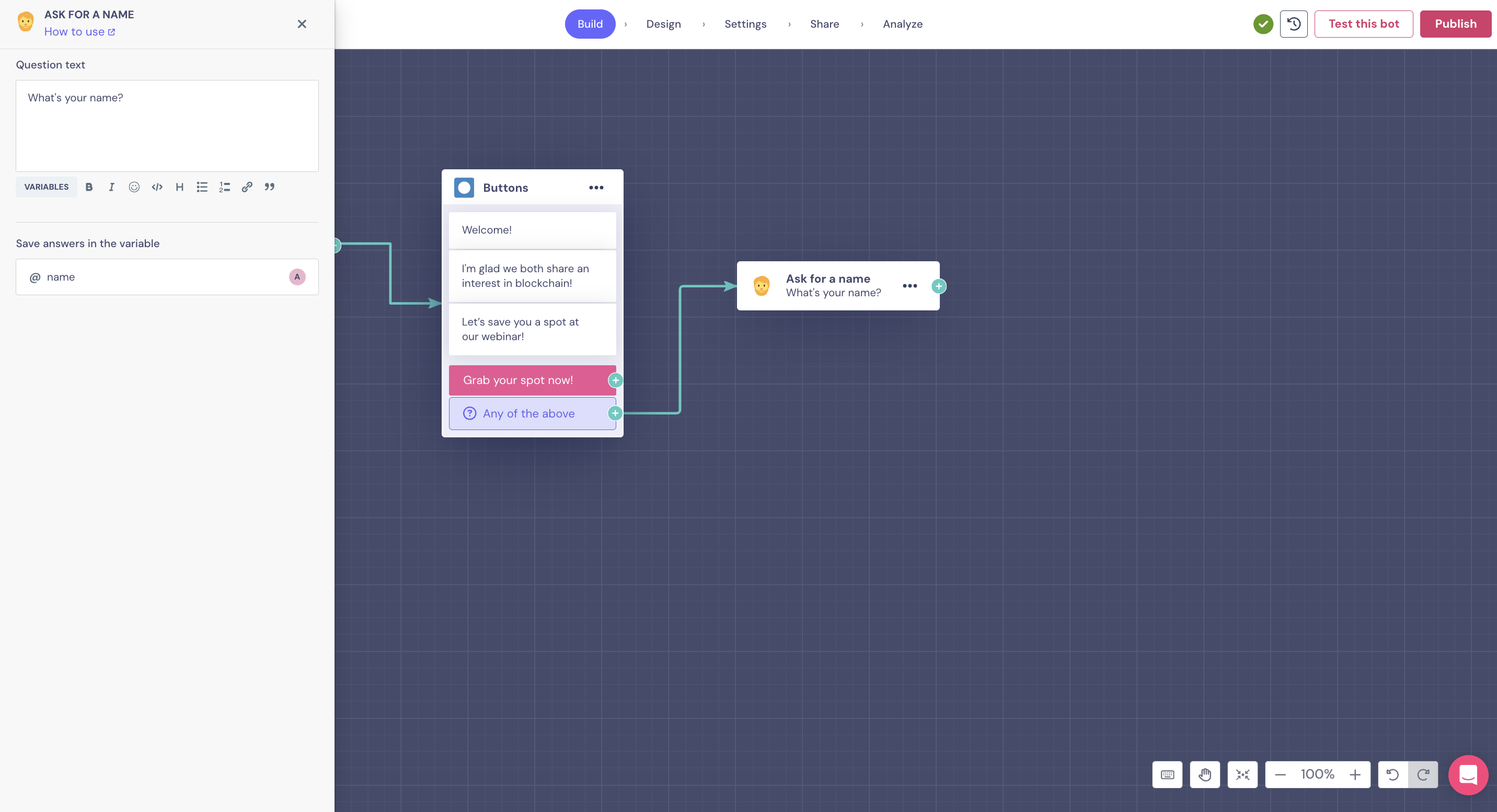 Screenshot that shows how to set up variables in a lead generation chatbot