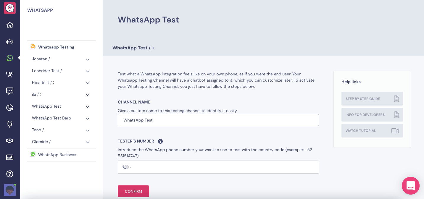 setup testing whatsapp channel