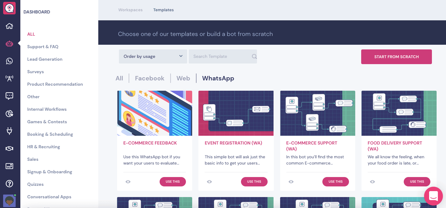 Imagen que muestra las plantillas disponibles para crear un WhatsApp bot en Landbot