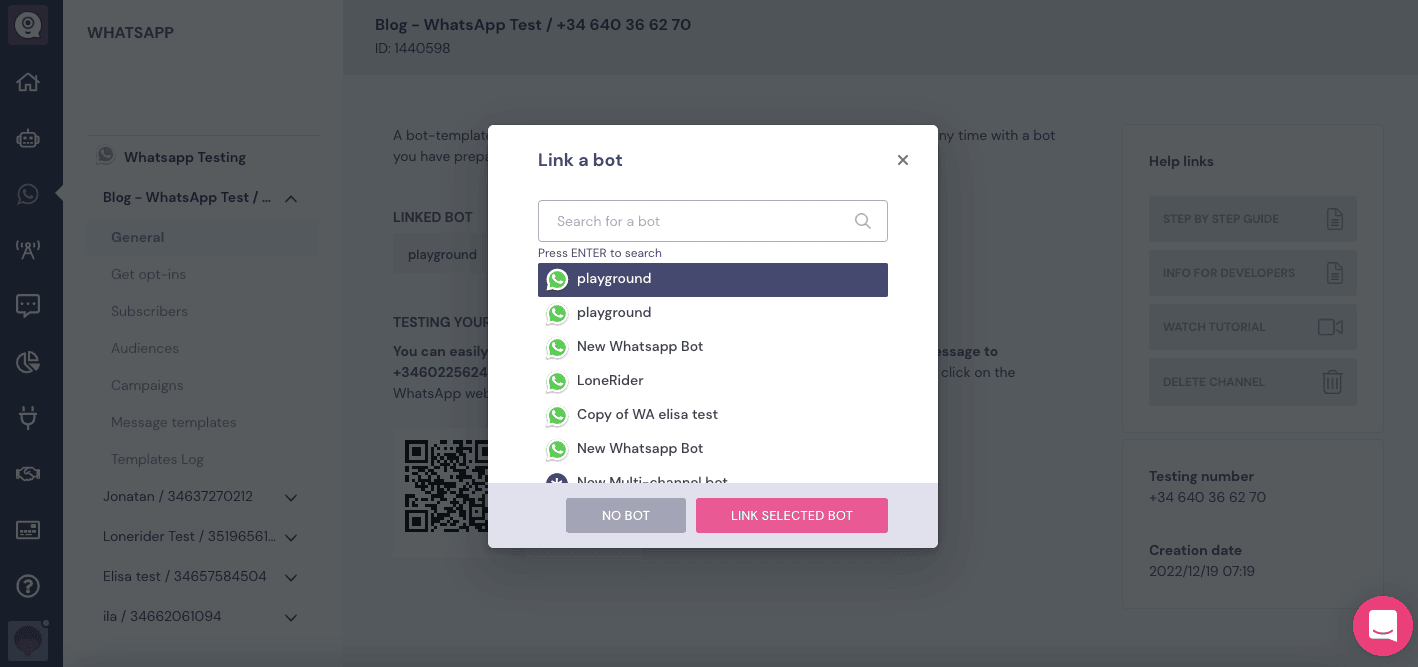 Imagen que muestra como enlazar un bot al canal de prueba para testear un WhatsApp bot en Landbot