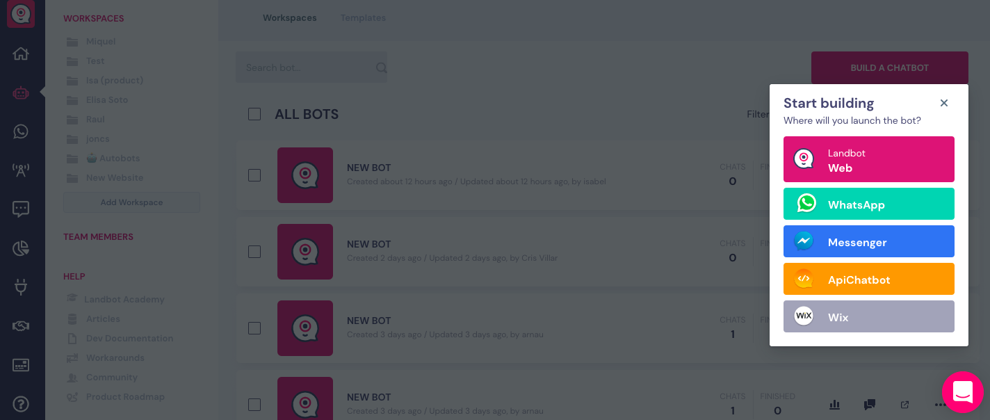 Imagen de la plataforma de Landbot para empezar a crear un WhatsApp bot