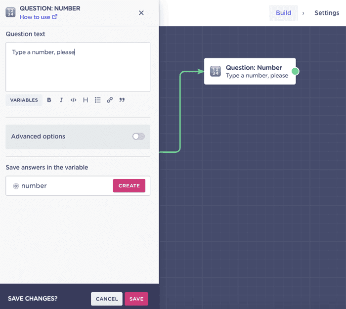 Imagen que muestra cómo configurar la variable de número en un bot para WhatsApp