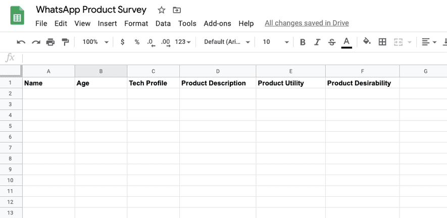 Imagen que muestra cómo crear la hoja de Google Sheets para integrar con WhatsApp bot