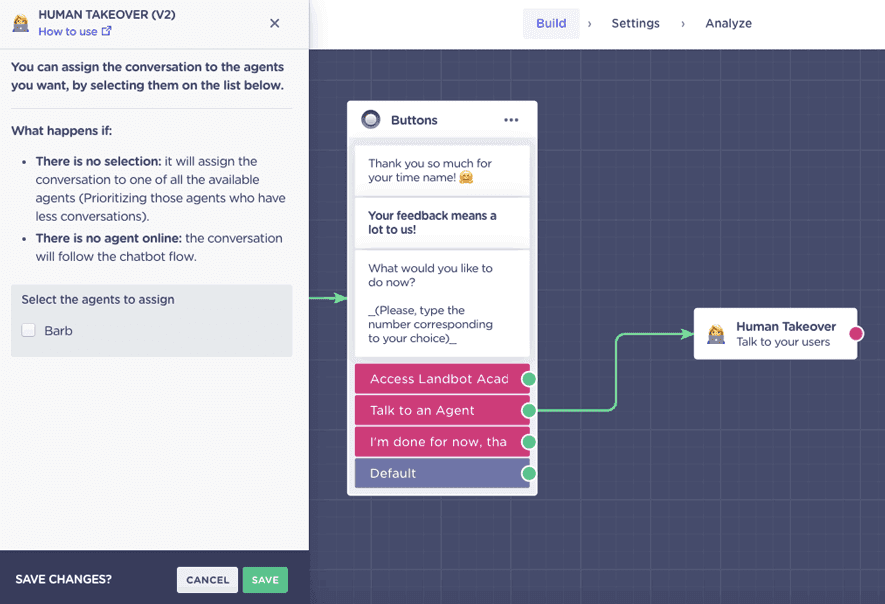 Imagen que describe cómo configurar la transferencia a un agente desde un chatbot para WhatsApp