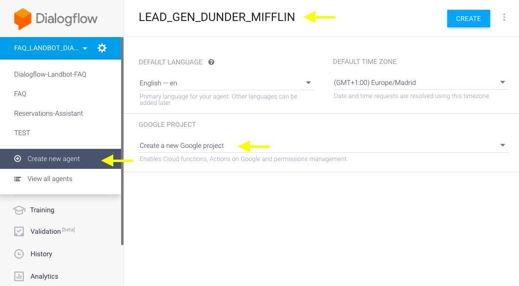 create agent in dialogflow