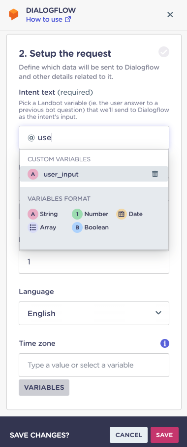 dialogflow integration setup in landbot