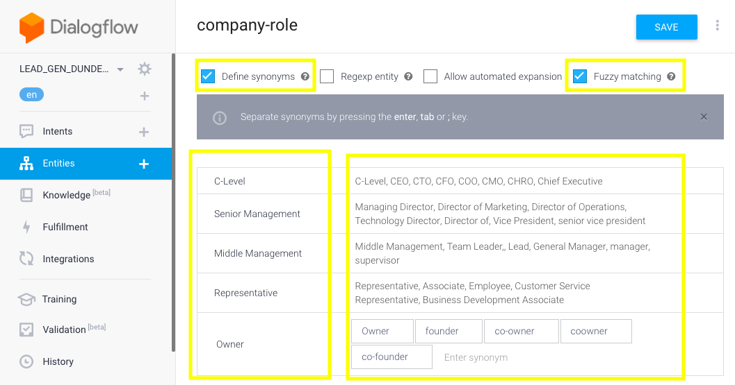 create entity for lead generation dialogflow