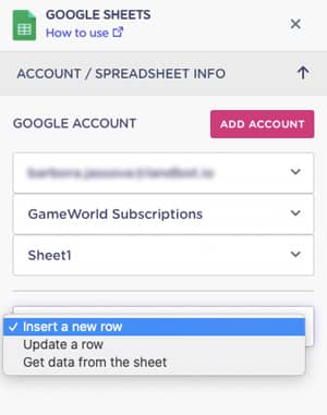 Google Spreadsheets integration settings 