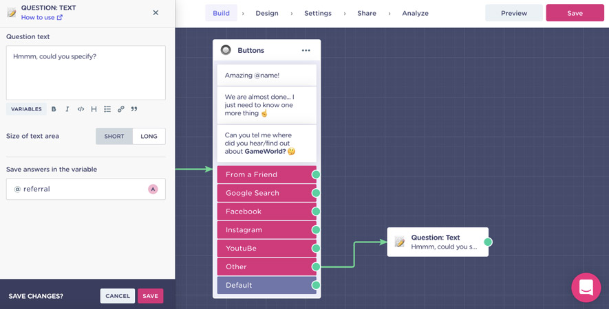 Bloque de respuesta abierta en el chatbot para web 