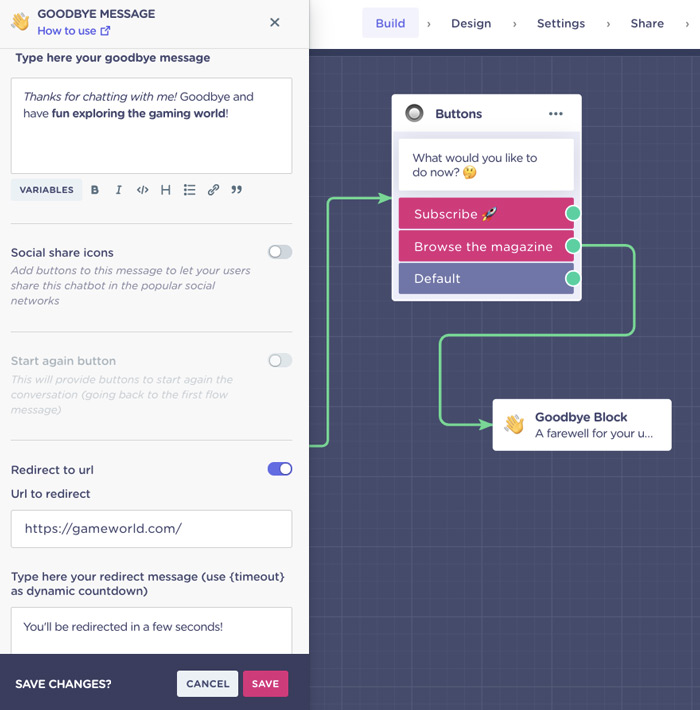 Bloque de mensaje de despedida en el chatbot para web 