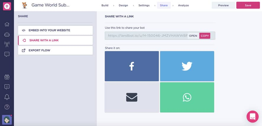 landbot chatbot share link