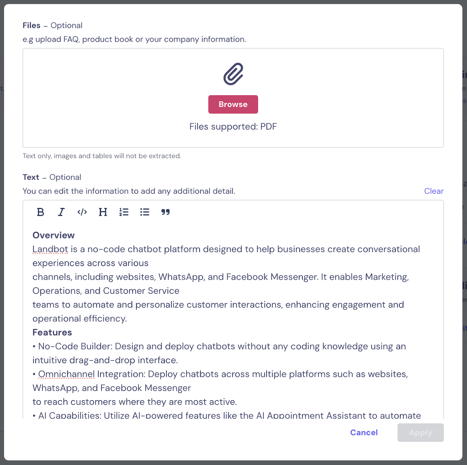 Image showing how to add a "Knowledge base" to an AI Agent in Landbot