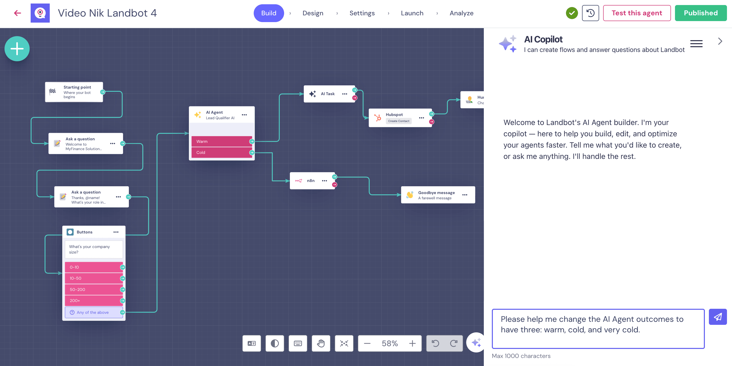 Landbot workflow using AI Copilot