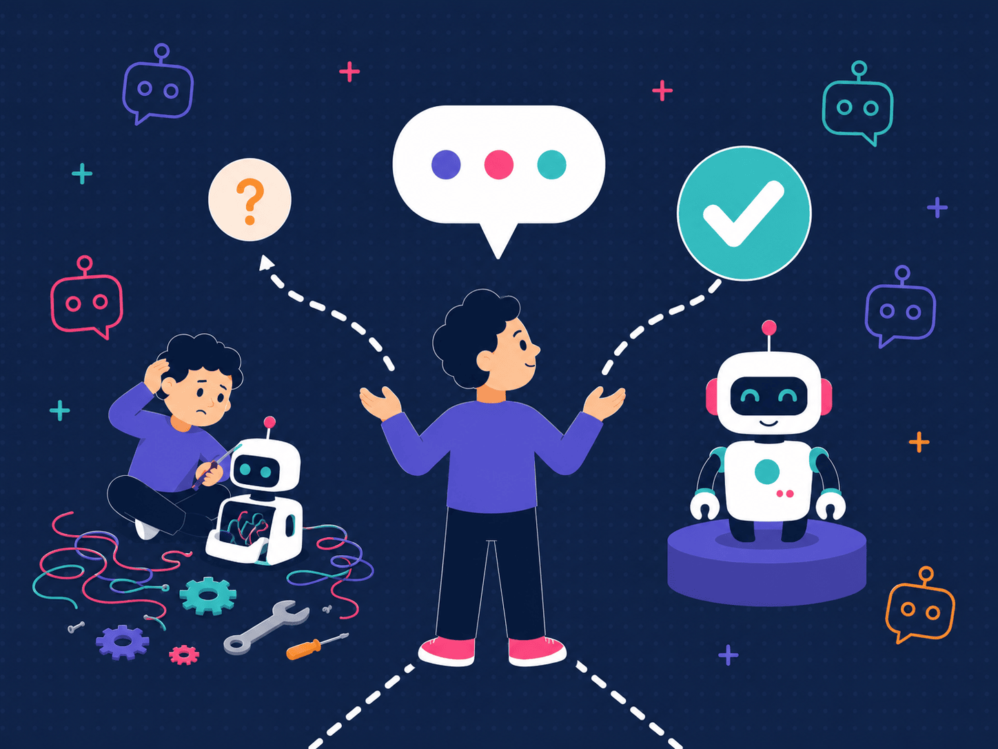 Illustration of a person weighing the choice between building an AI agent alone and getting help operating it, with a fork in the path marked by a question mark and a checkmark.