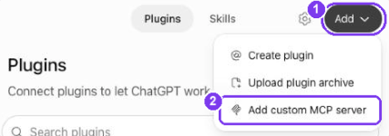 Página de Plugins do ChatGPT com Add › Add custom MCP server destacado