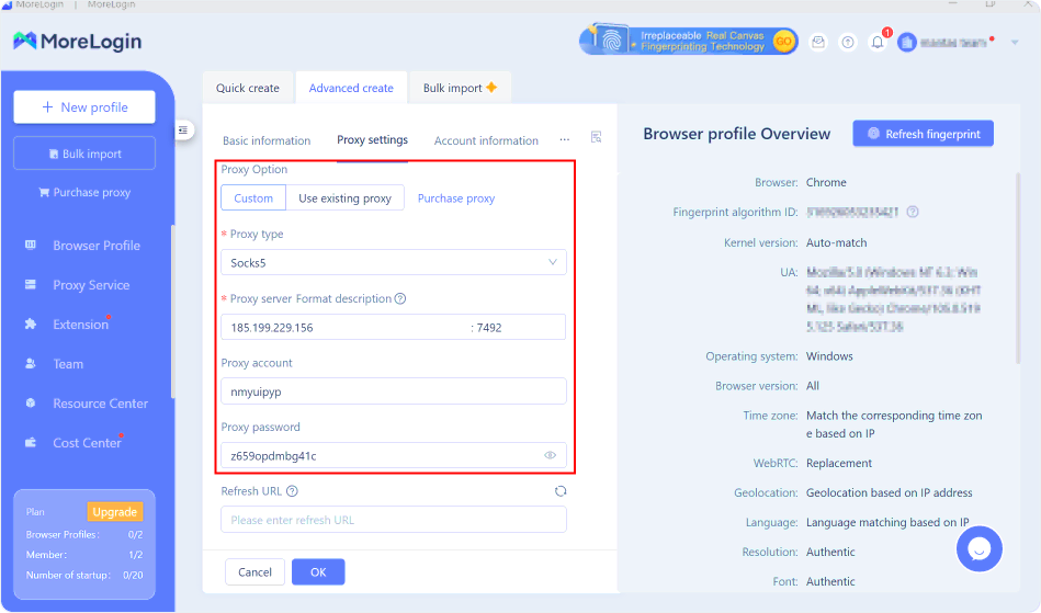 Step 5.1 - Example static proxy setup on MoreLogin