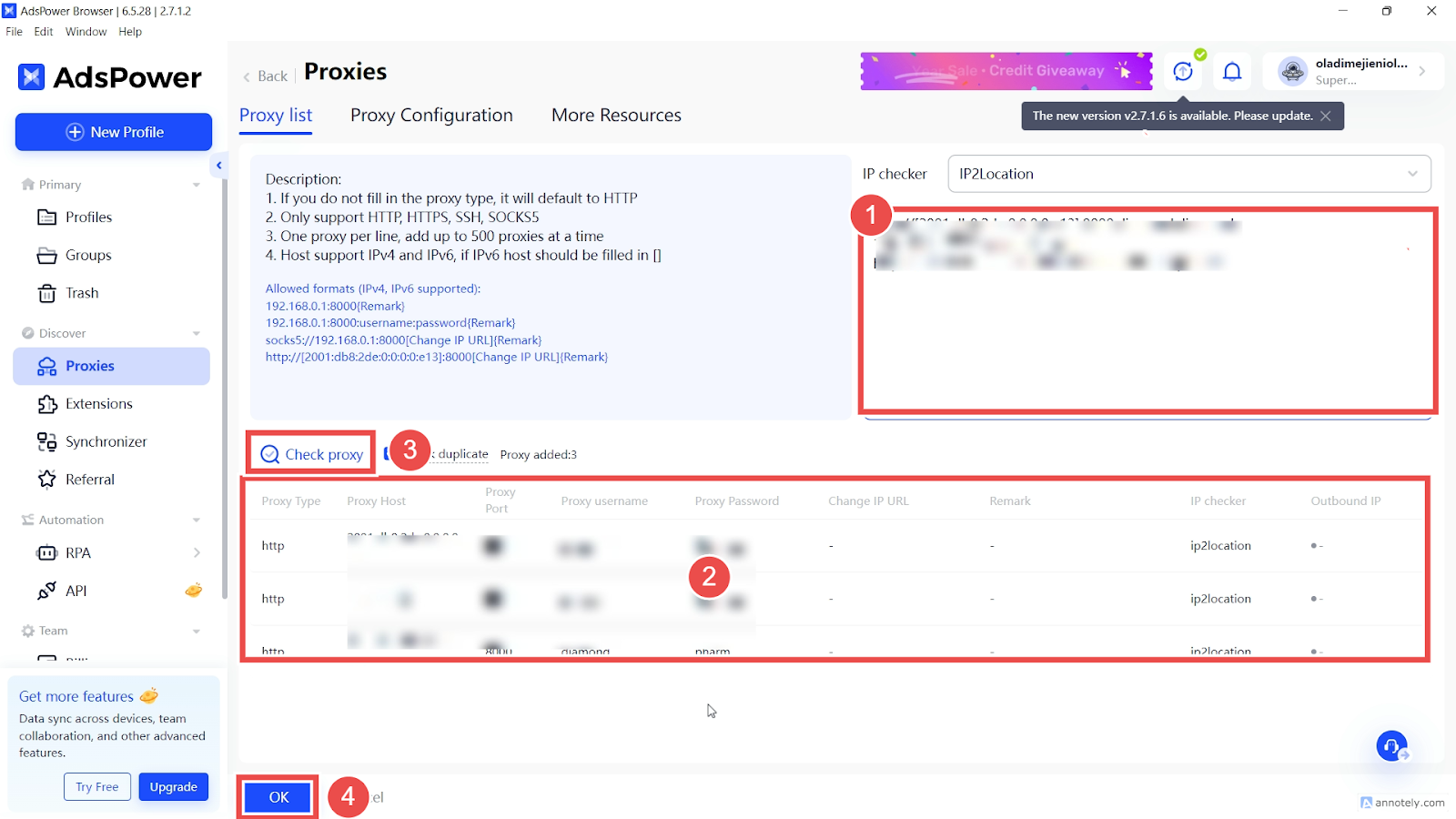 Proxy configuration on the AdsPower app