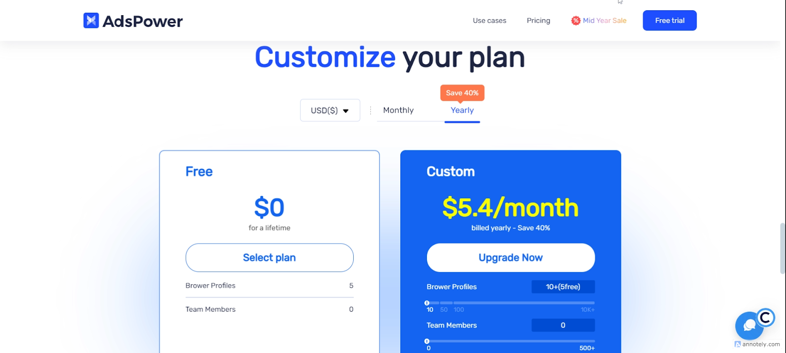 Pricing plan on AdsPower