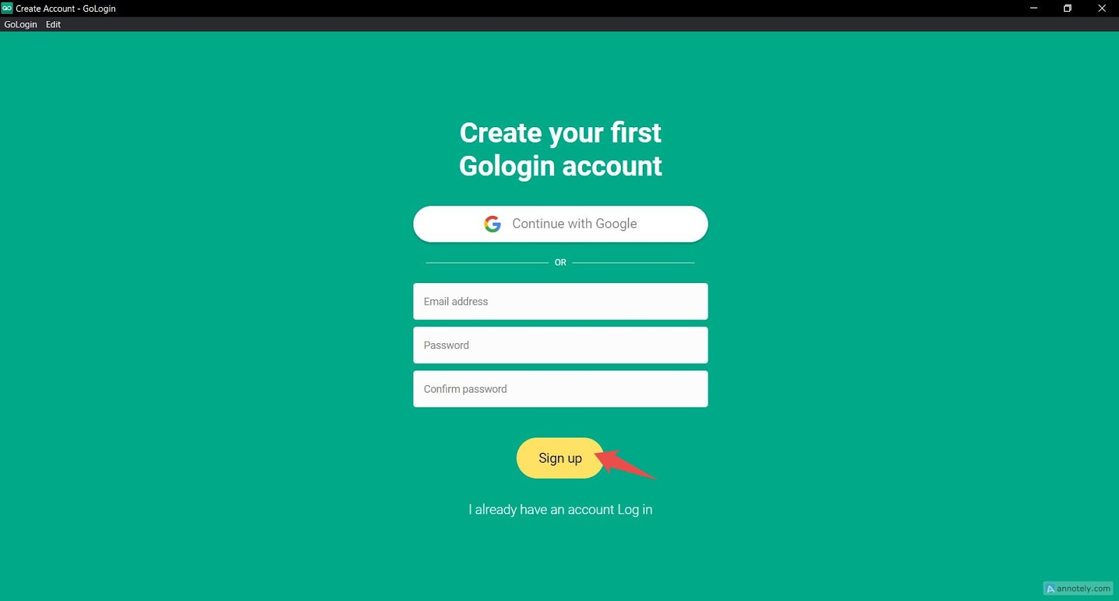 GoLogin sign-up page