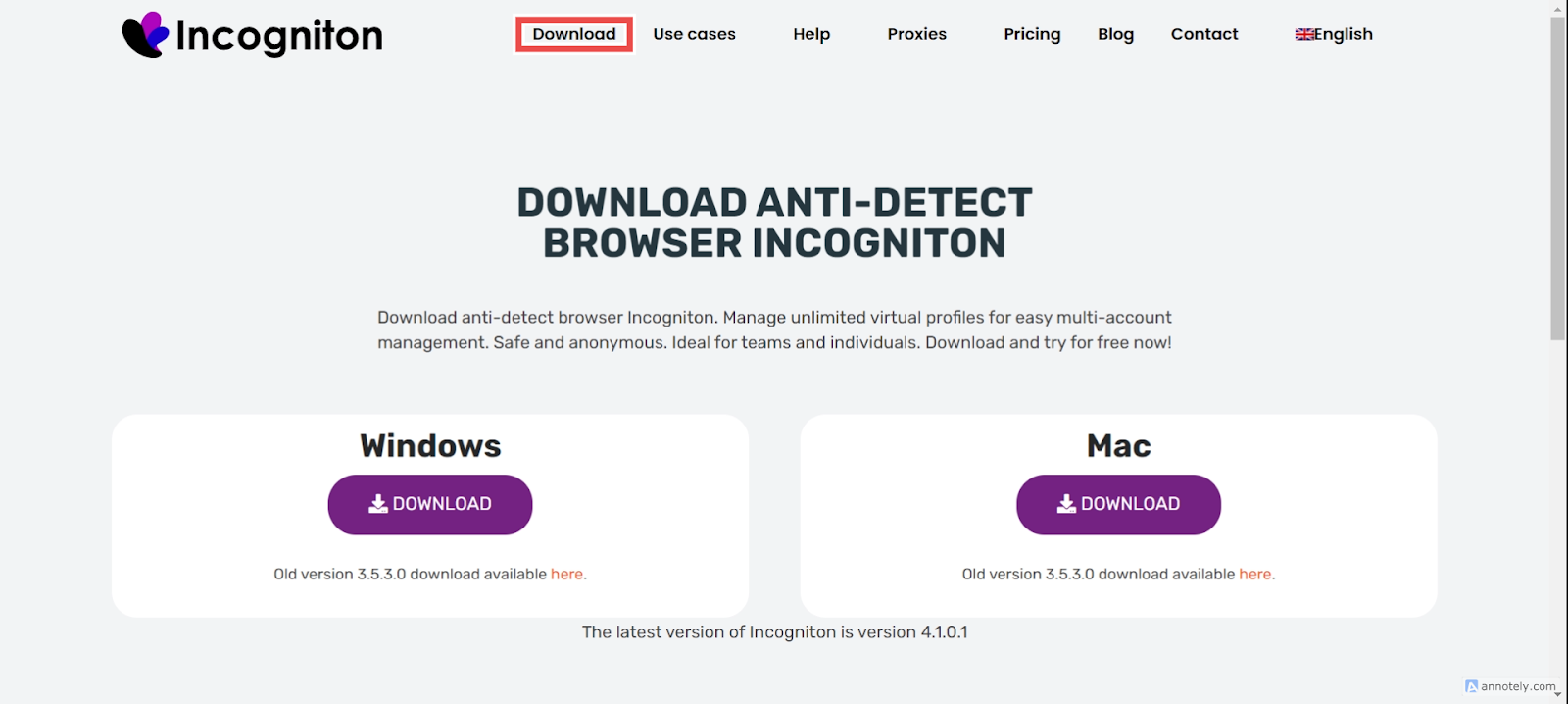 The Incogniton browser download page