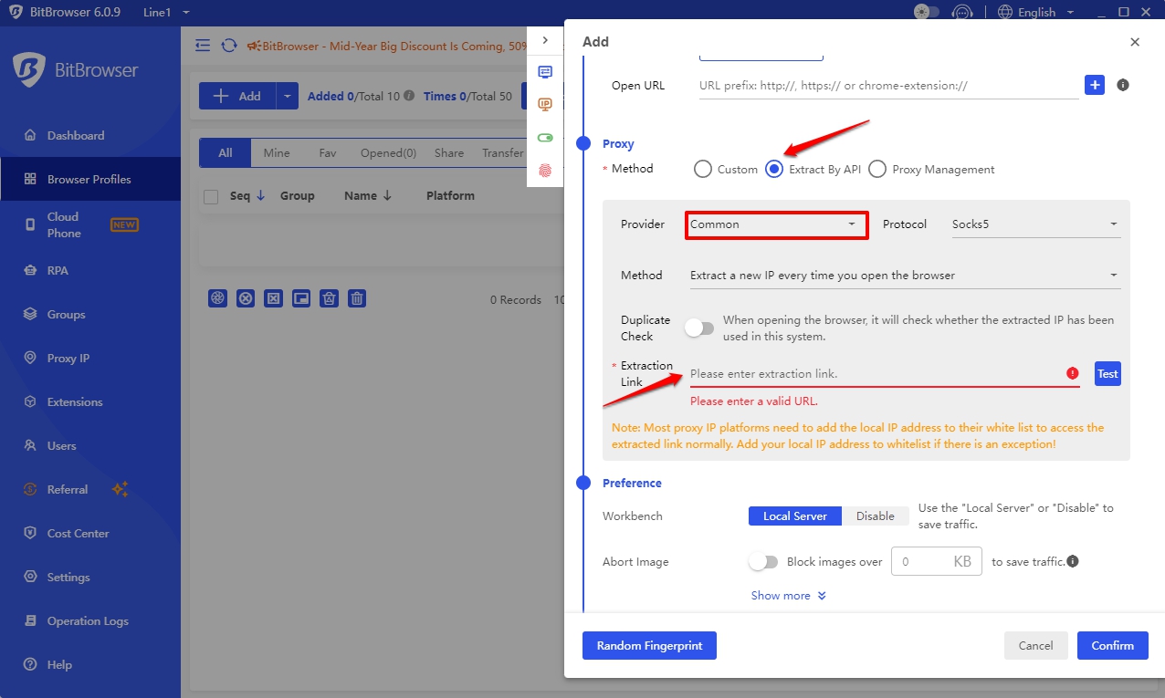 The proxy link extraction section in BitBrowser