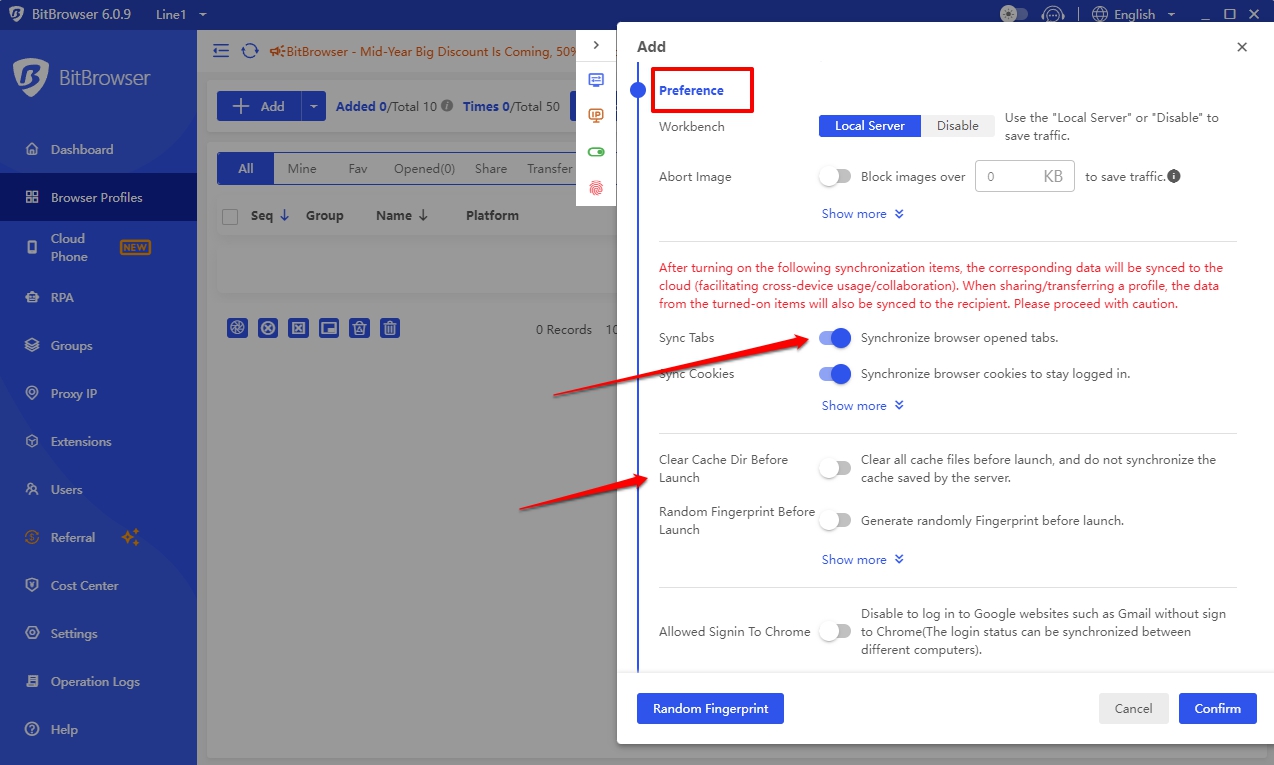 Preference settings in BitBrowser