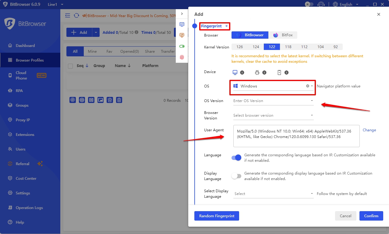 Fingerprint settings in BitBrowser