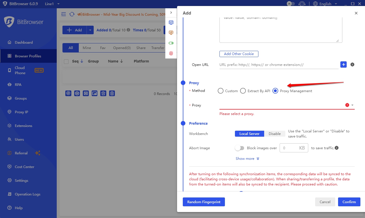 Proxy management section in BitBrowser