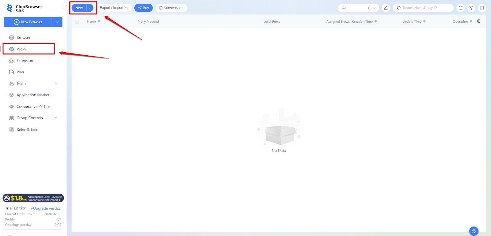 The proxy list in ClonBrowser