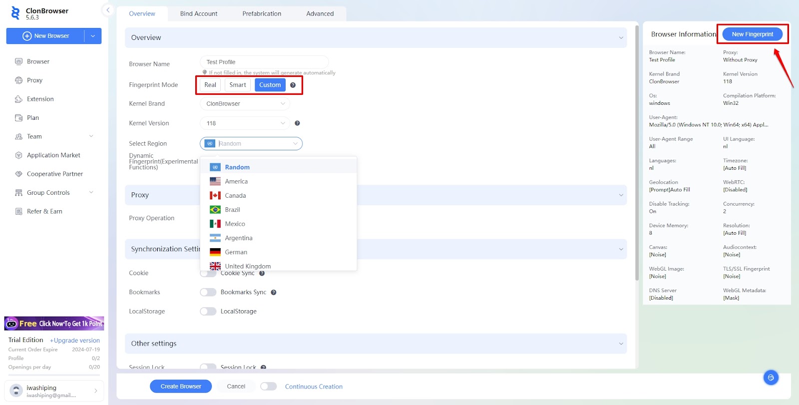 Fingerprint settings in ClonBrowser