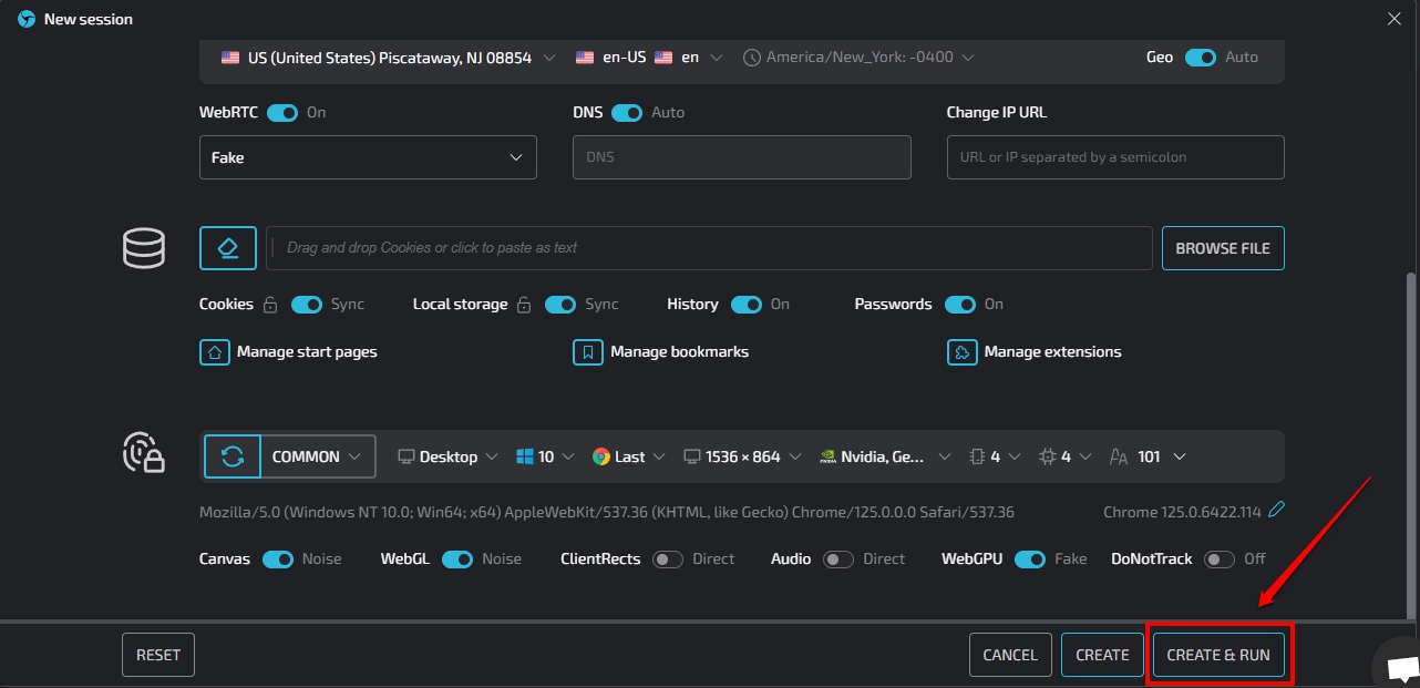 Create and run button in Linken Sphere