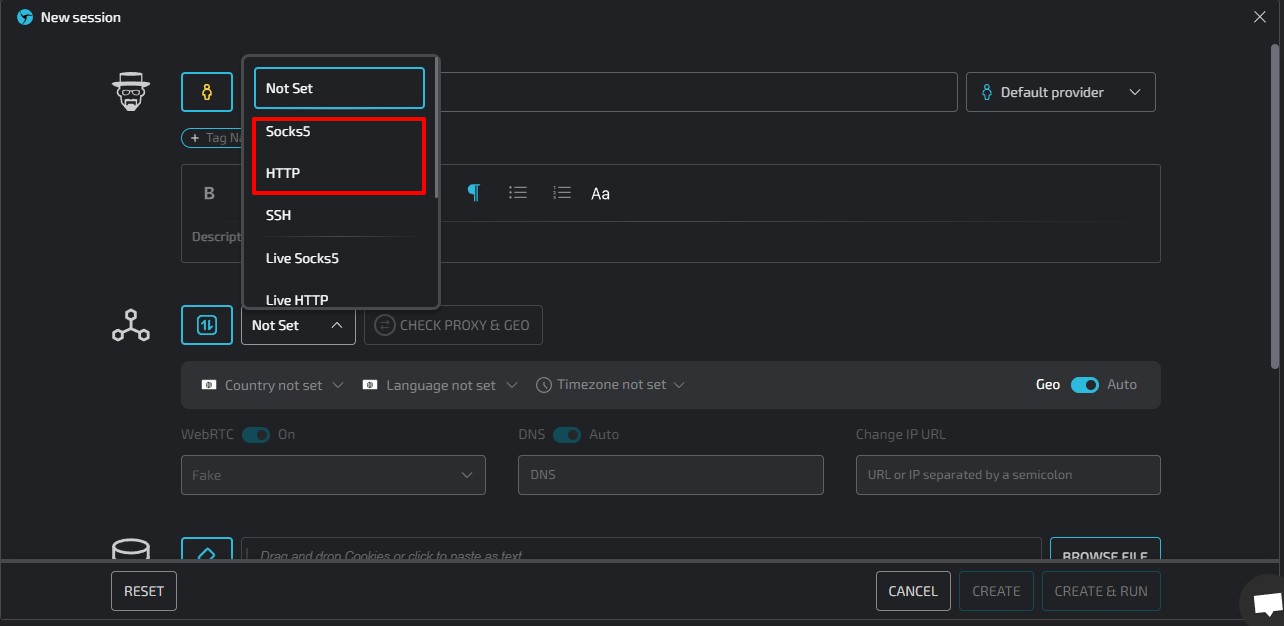 Proxy type dropdown menu