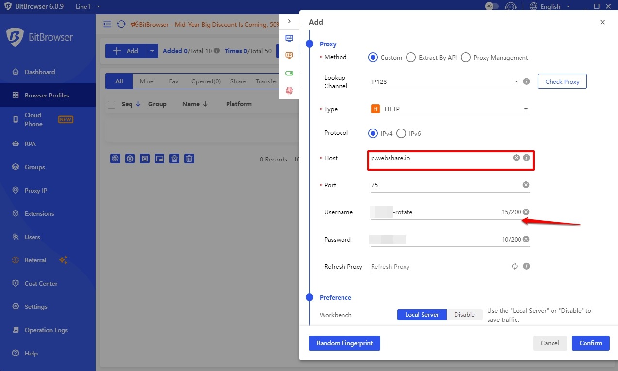 Rotating Proxy information entered in BitBrowser