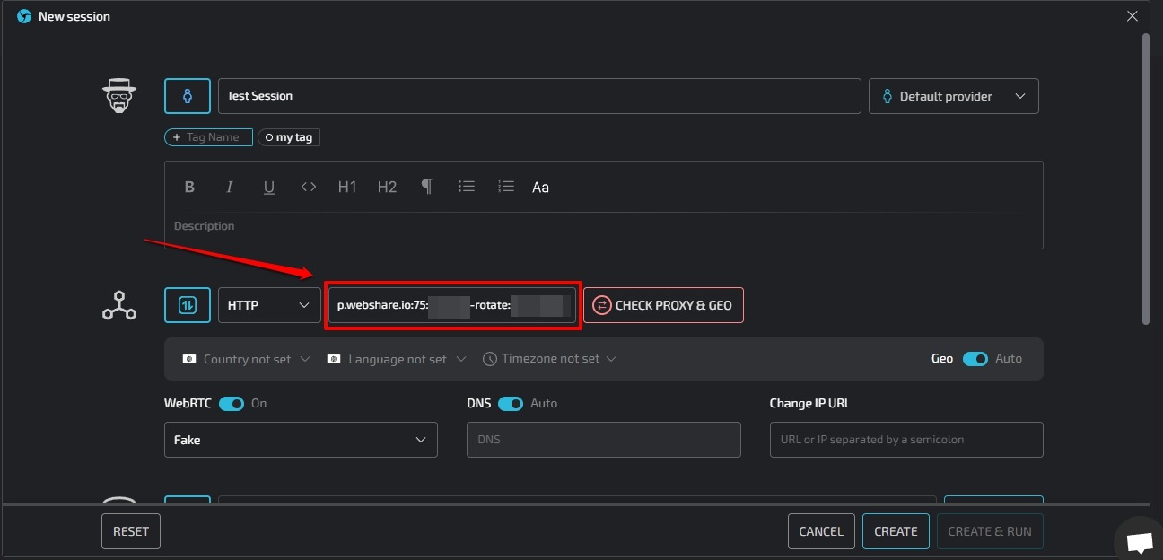 Dynamic proxy example in the address field in Linken Sphere