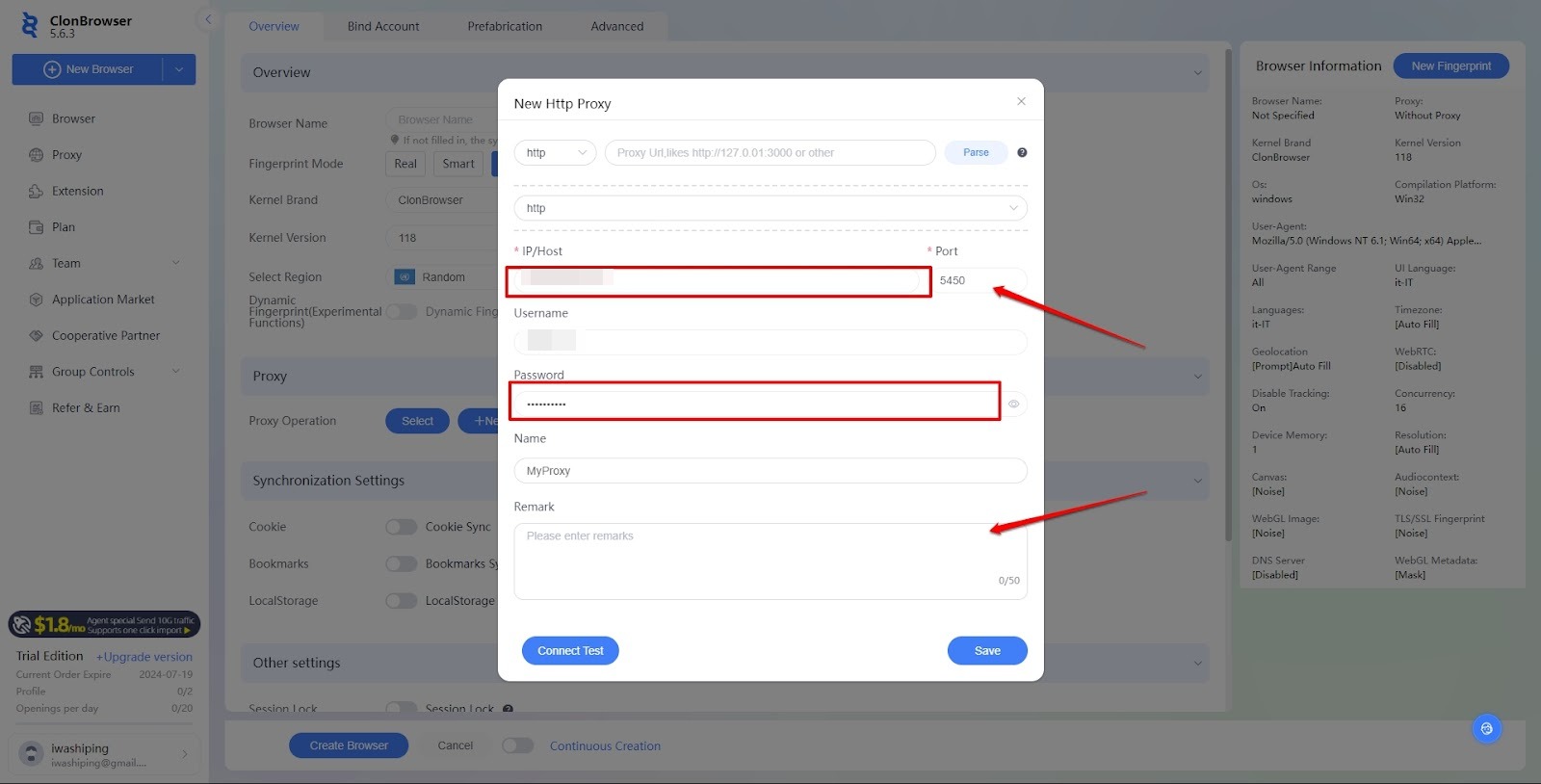 Manual proxy IP configuration in ClonBrowser