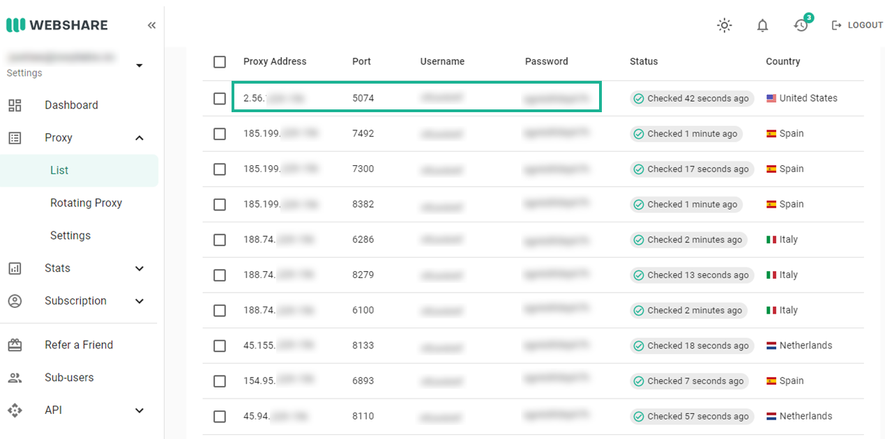 Webshare's Proxy list