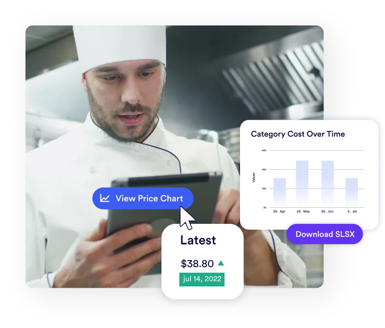 Male chef looking food cost over time on an ipad