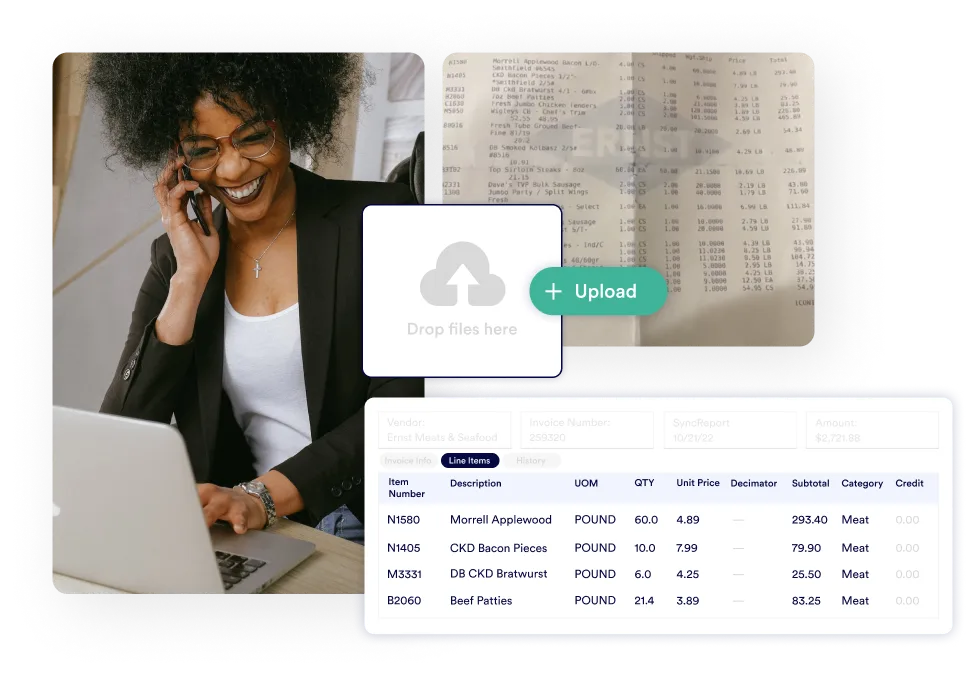 Woman on the phone on a computer uploading invoices