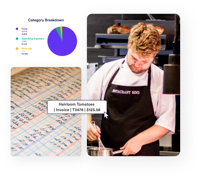 Chef stirring a pan and a chart showing invoice cost categories