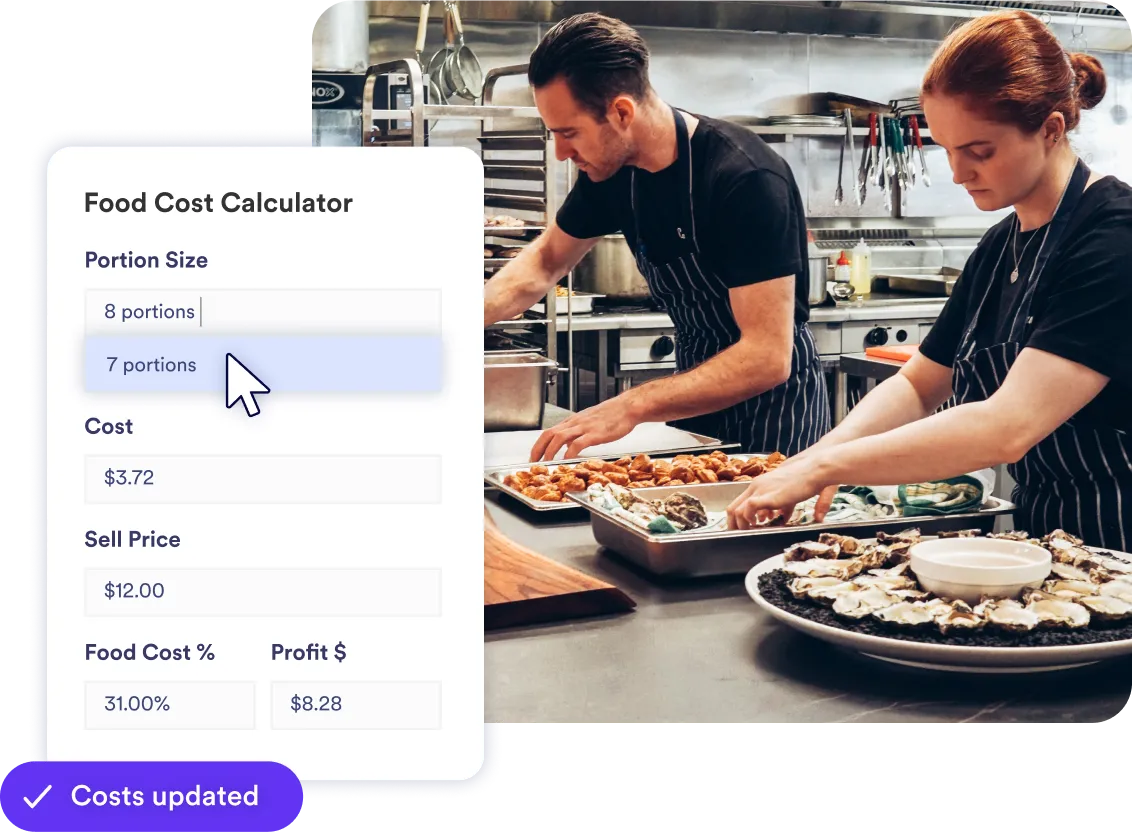 Chef stirring a pan and a chart showing invoice cost categories