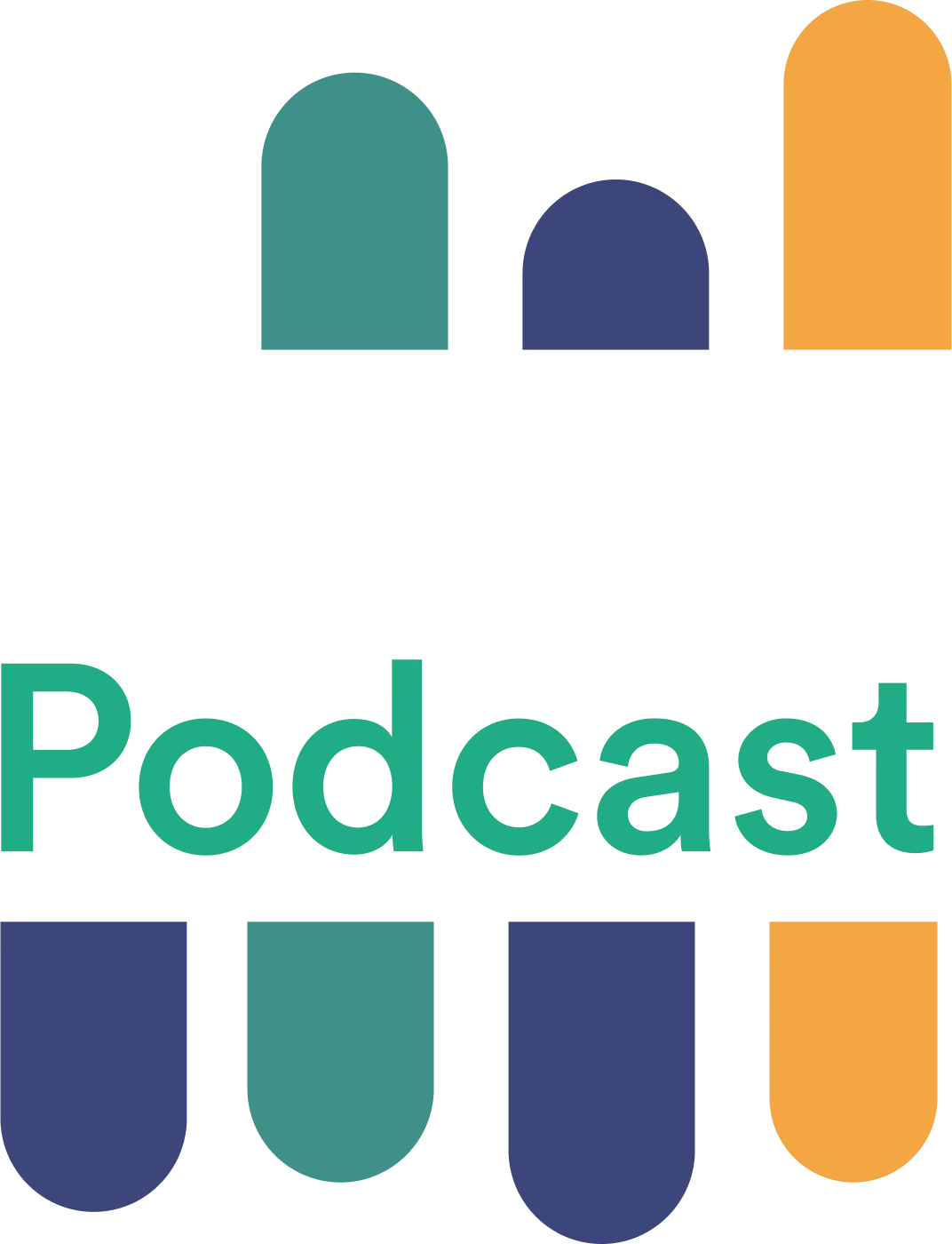 Logo with three half pill shapes on top in green, blue, yellow, text that says The meez Podcast, and three half pill shapes underneith text in green, blue and yellow