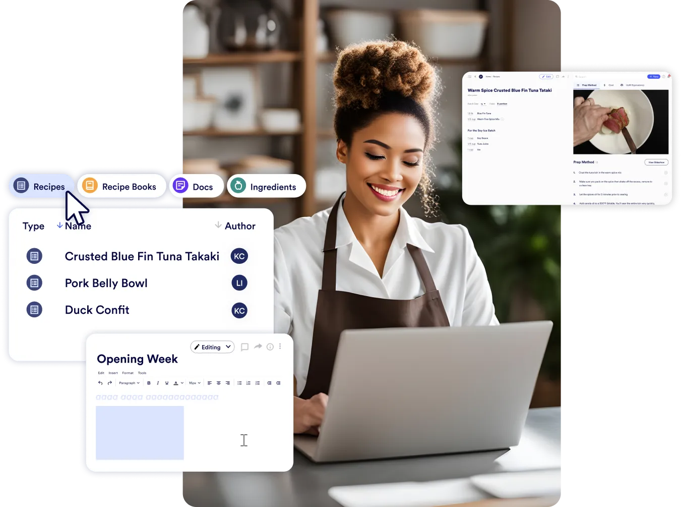Chef stirring a pan and a chart showing invoice cost categories