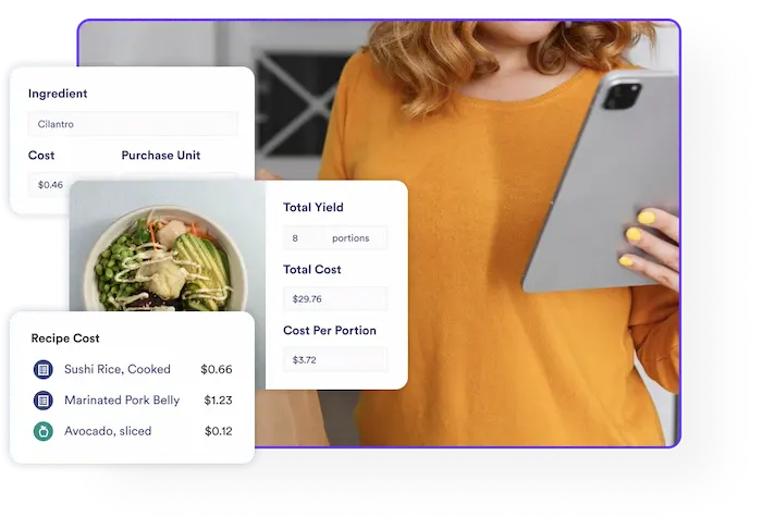 woman looking at an ipad with meez food costing 