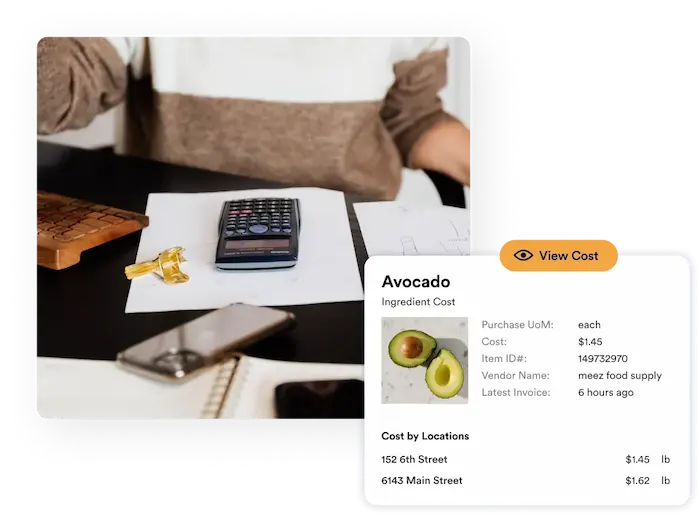 woman using calculator with meez food costing